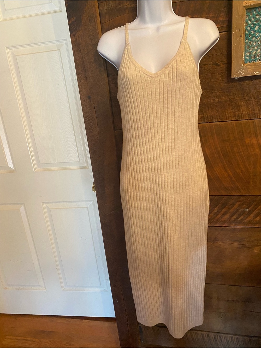 7 For All Mankind Beige Ribbed Midi Slip Dress